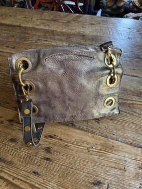 Hammett Gold Crossbody Bag with Studded Brown Strap. Fabulous